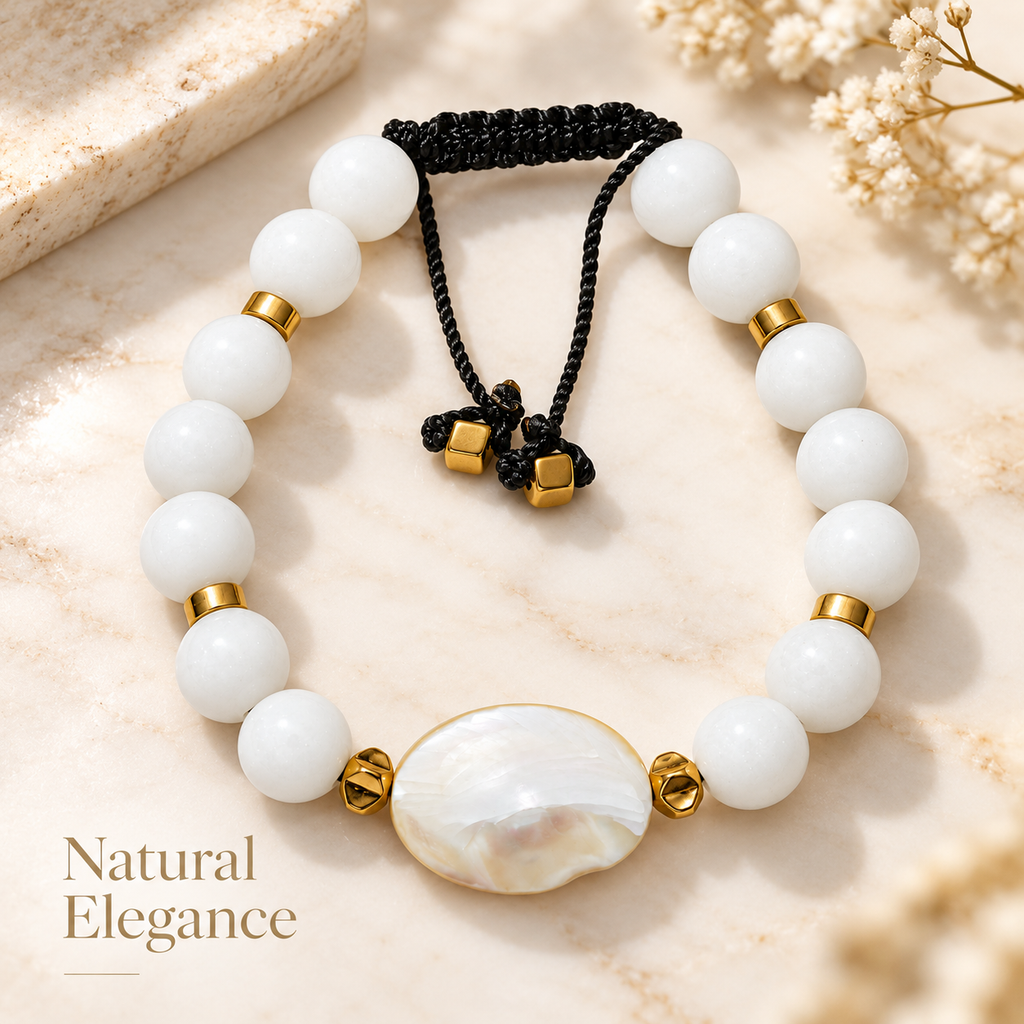 7agat White Agate and Natural Shell bracelet with Gold Hematite accents.