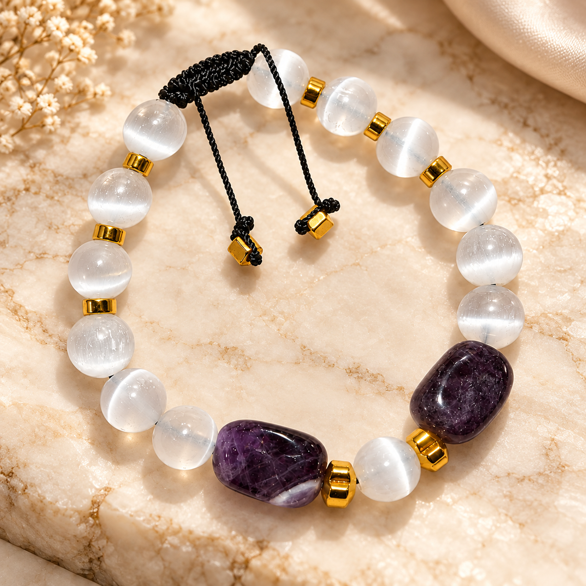 7agat white selenite bracelet with amethyst pieces.