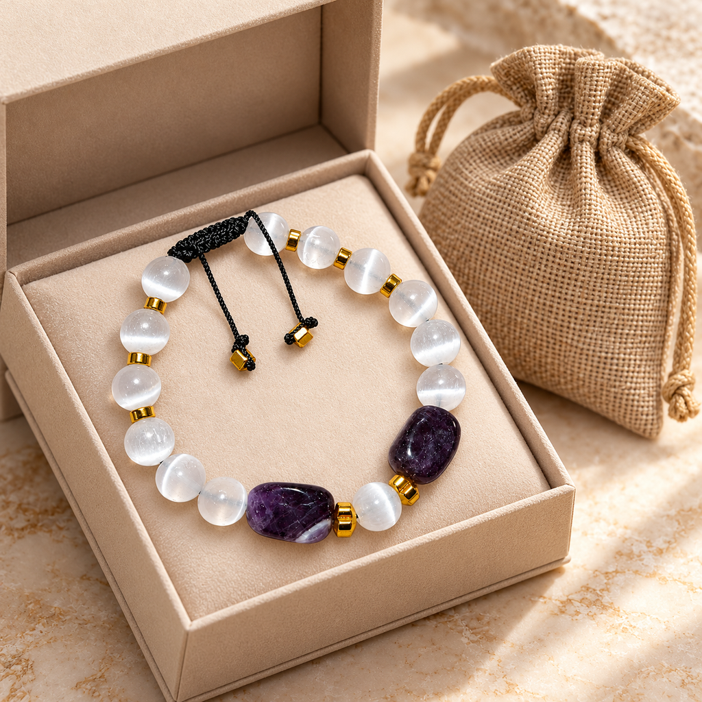 7agat white selenite and amethyst bracelet with jewelry box and burlap pouch.
