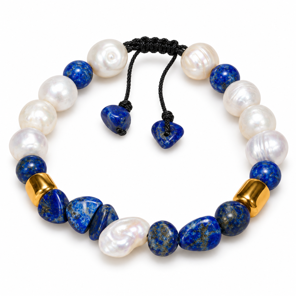 7agat white cultured pearl and lapis lazuli bracelet with gold-tone hematite spacers.