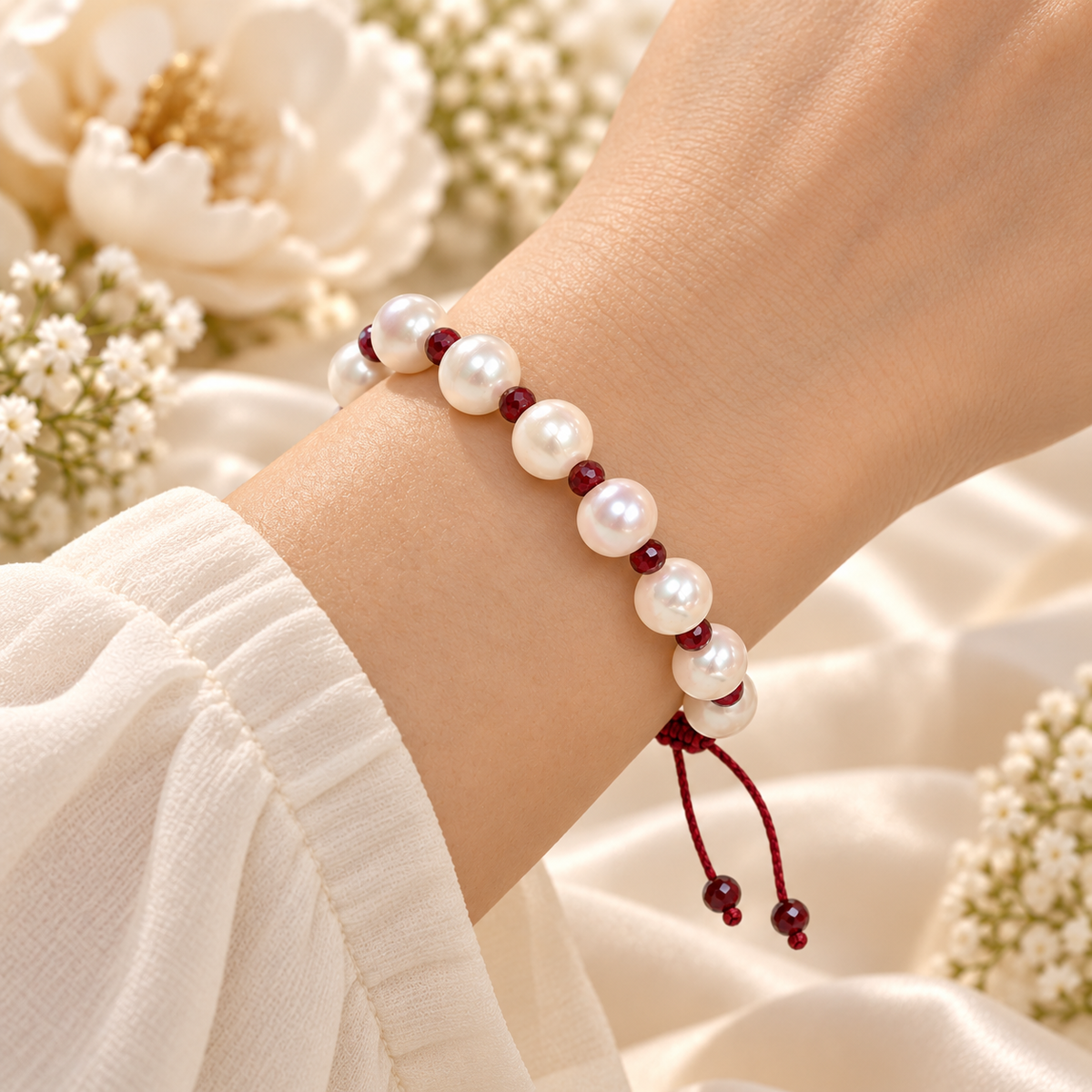 White Cultured Pearl Bracelet with Ruby Beads – 18 cm