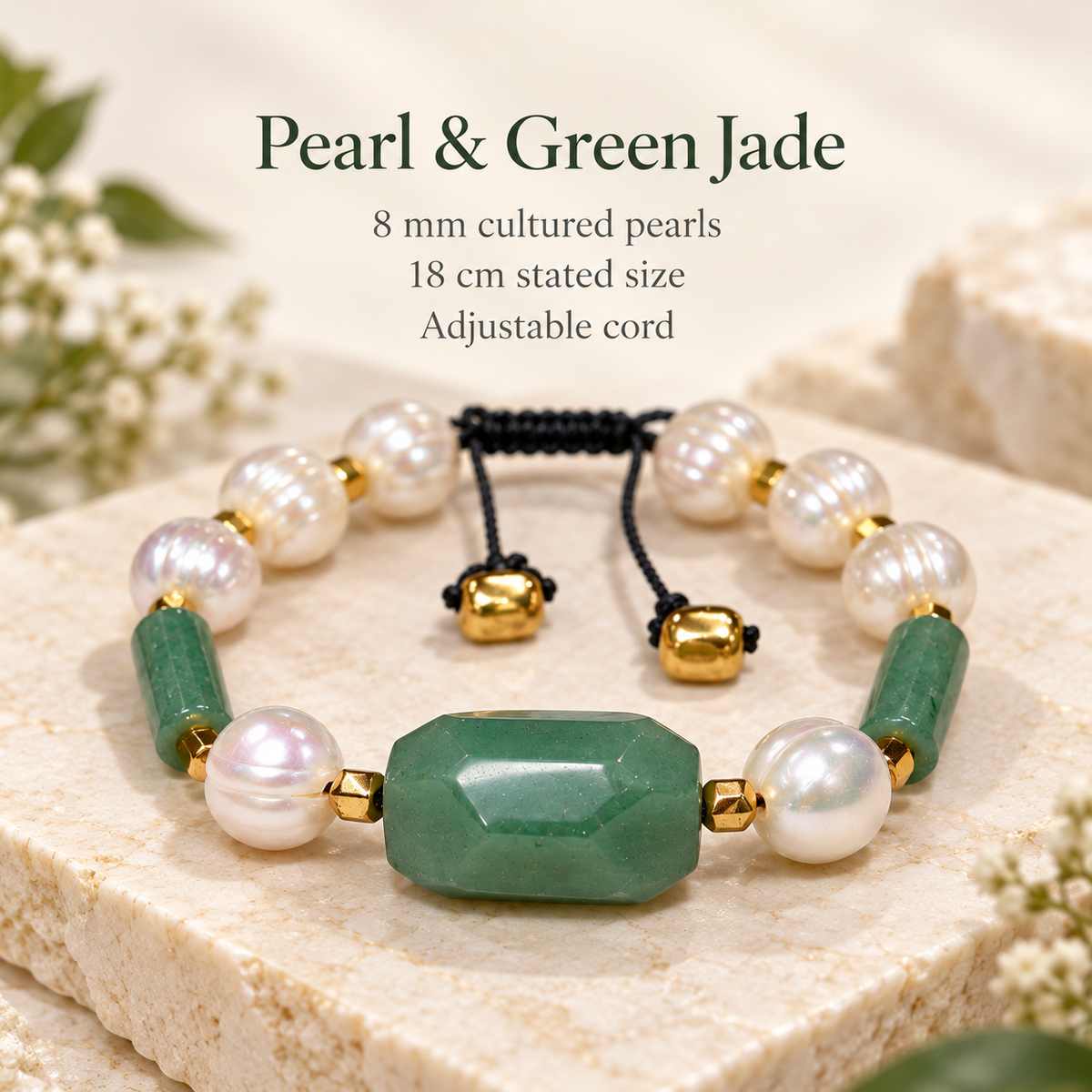 Natural Green Jade & White Cultured Pearl Bracelet with Gold-Tone Hematite – 18 cm