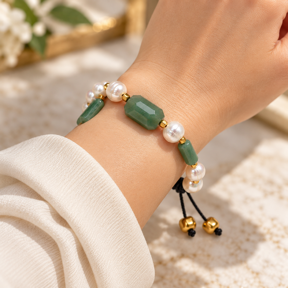Natural Green Jade & White Cultured Pearl Bracelet with Gold-Tone Hematite – 18 cm