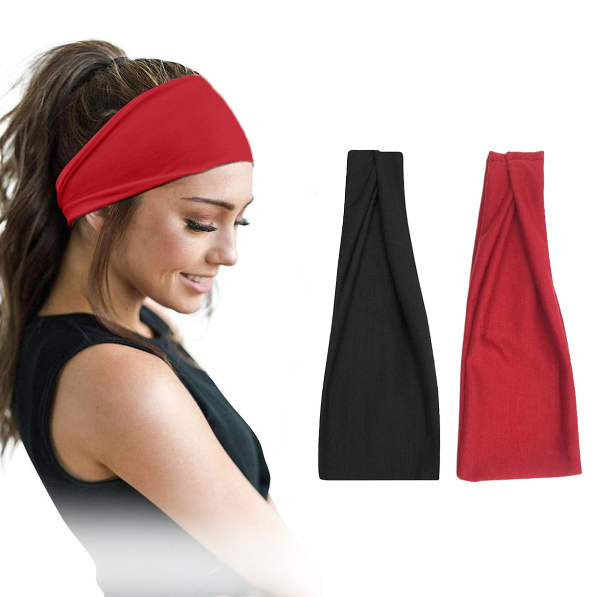 Pair of 7AGAT cotton headbands for women and men, wide, non-slip style made from 95% Egyptian cotton in a chili color.