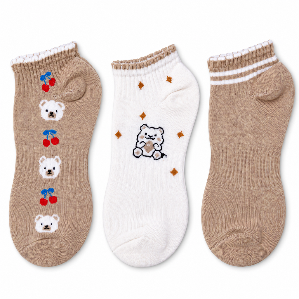 Seven AGAT cotton ankle socks with assorted knitted patterns, soft and comfortable, shown in three pairs on display.