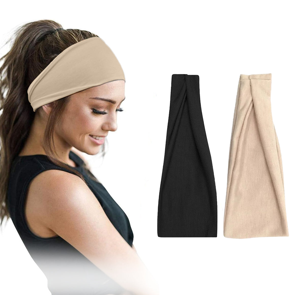 Pair of 7AGAT cotton headbands for women and men, wide, non-slip, made from 95% Egyptian cotton, in a pack of two.