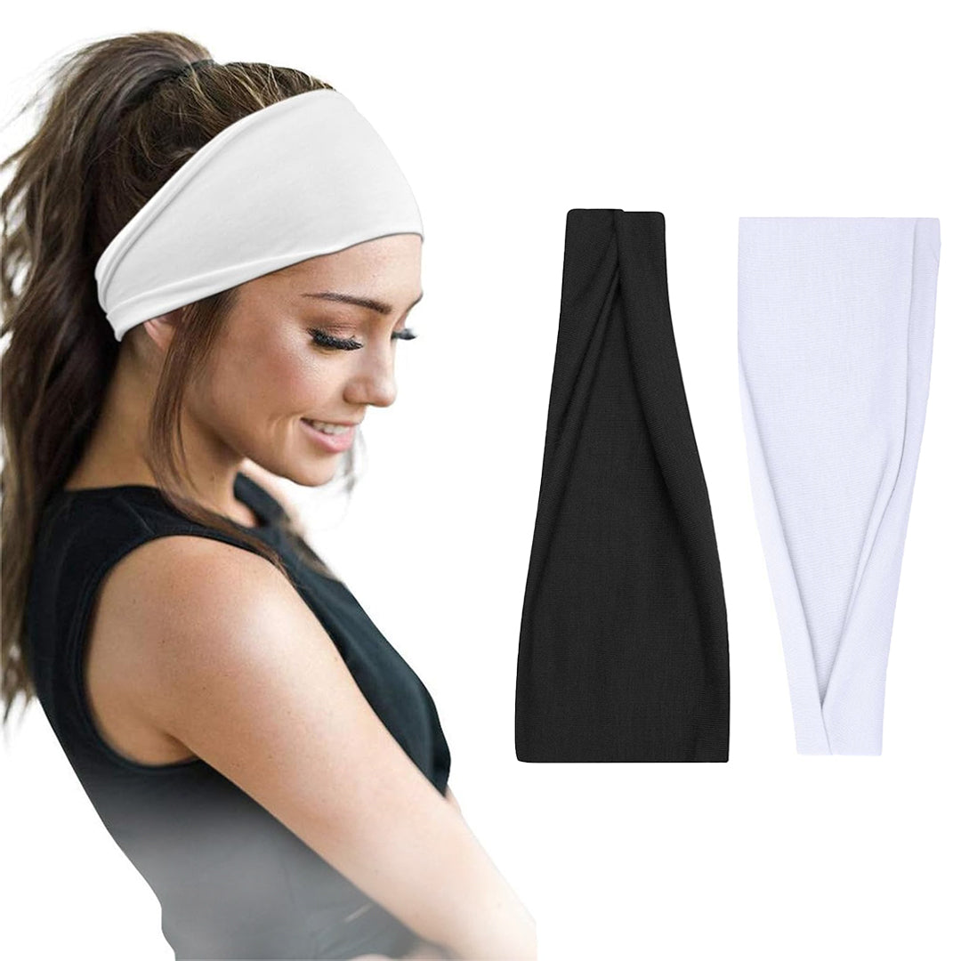 Pair of 7AGAT cotton headbands for women and men, wide, non-slip, made from 95% Egyptian cotton, in a pack of two.