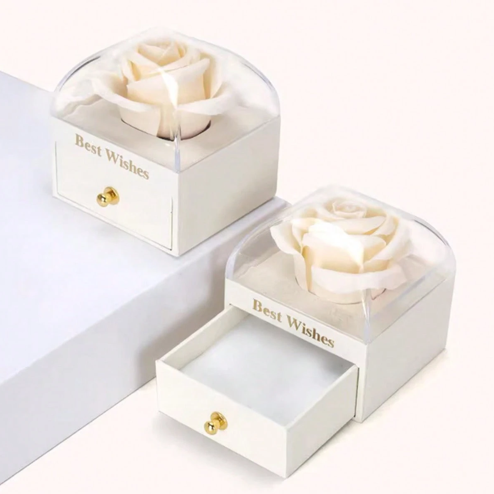 White decorative rose jewelry gift box with pull-out drawer and transparent display dome, measuring 7x7x5.5 cm by 7AGAT