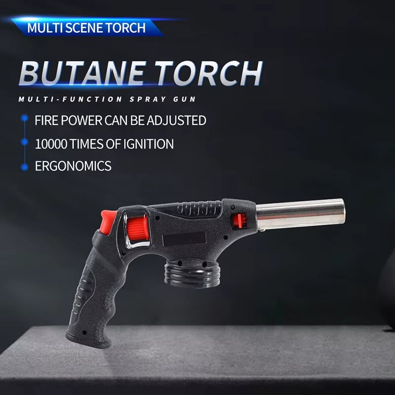 7AGAT portable gas torch with electronic ignition, ideal for kitchen, BBQ, dessert prep, and craft projects, shown in use.