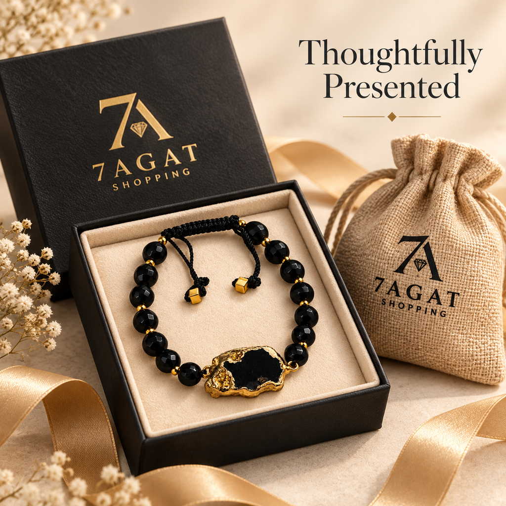 7agat faceted onyx & agate bracelet in jewelry box with burlap pouch.