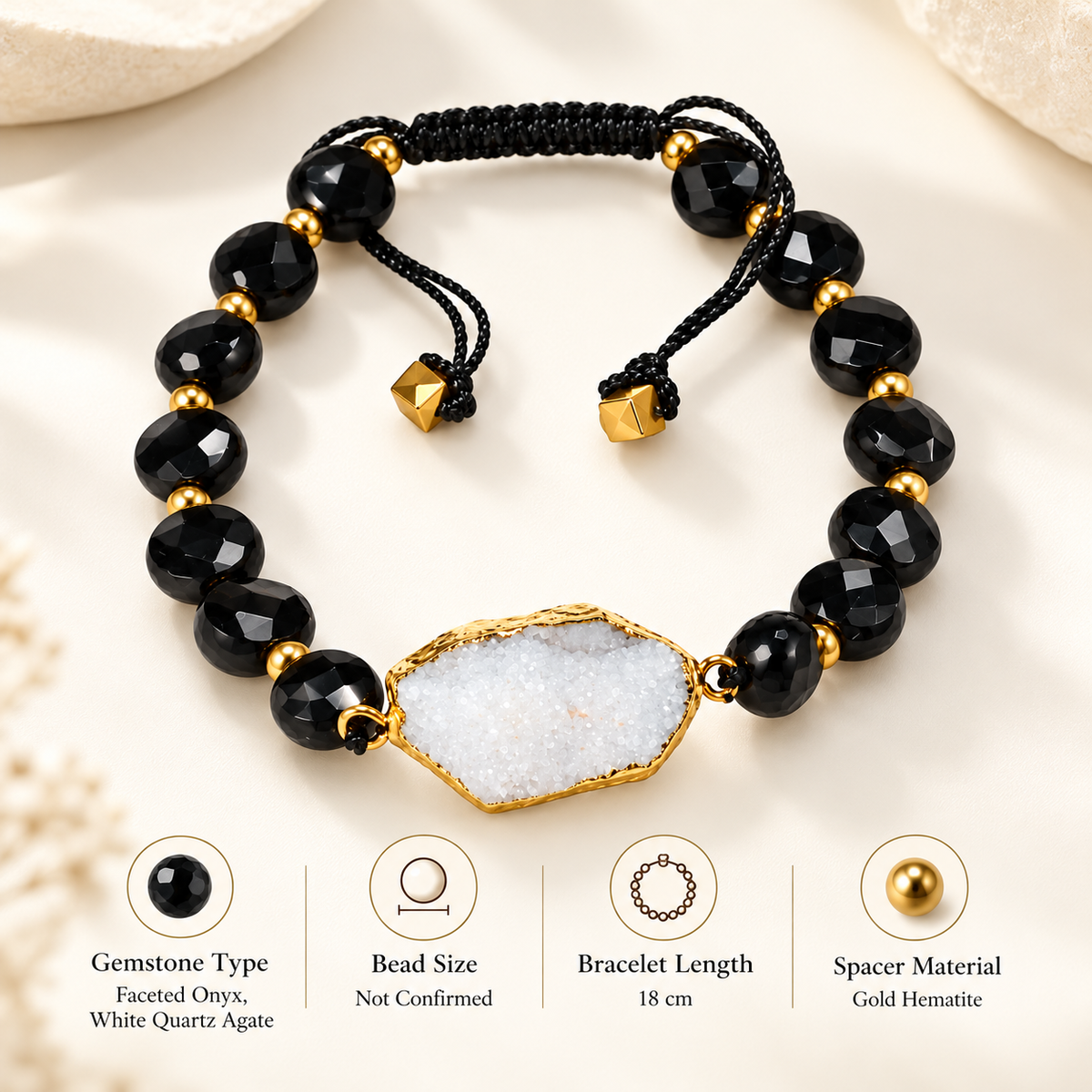 7agat white Quartz Agate and faceted Onyx bracelet with gemstone and 18cm size details.