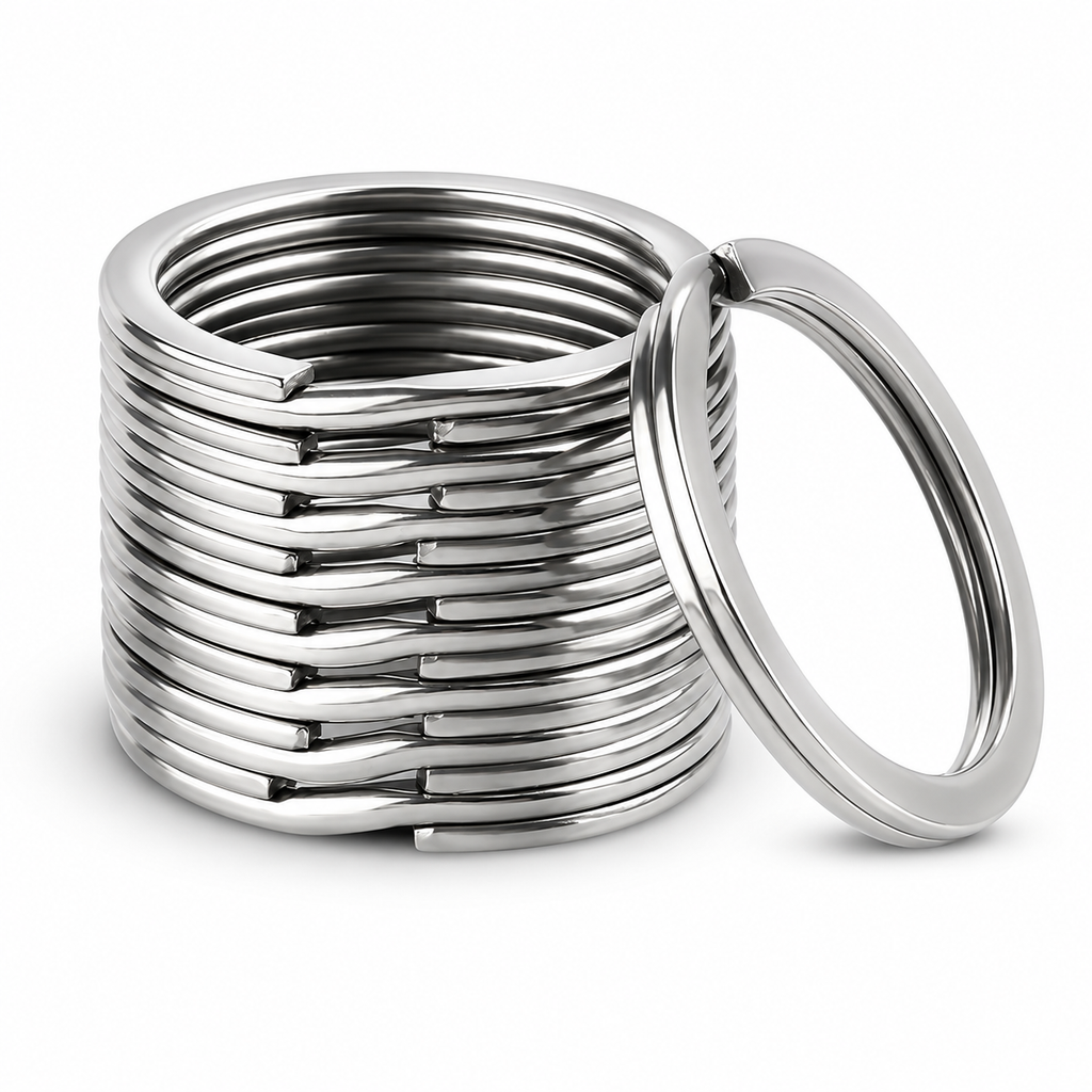 A stack of polished stainless steel key rings with one ring leaning against the stack on a clean white background.